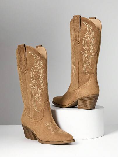 SHUZIA Botas de vaquera occidentales con tacón grueso, puntera y bordados glamorosos para mujer