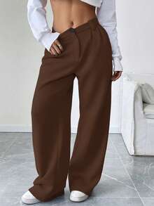 Ritzy Row Fleece-graue plissierte Taschen-Loose Straight Leg Hose, lässige Pendler-Mode vielseitige Hose - Braun - Übersicht 4