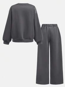SHEIN Girlism 少女连帽衫和卫衣套装，休闲宽松加厚圆领卫衣搭配褶皱阔腿运动裤，适合秋冬、春夏三季，街头风、基础款、日常百搭，适合各种运动场合、返校季、学院风。 - 深灰色 - 查看 2