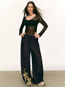 Rina Fox 女式性感网眼拼接透视长袖紧身衣，春夏秋装 - 黑色 - 查看 4