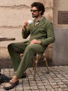 HIMLAND Bộ vest nam màu trơn cổ ve áo, tay dài, hai hàng cúc, gồm áo blazer và quần tây, thích hợp mặc đi đám cưới. - xanh quân đội - Xem 6