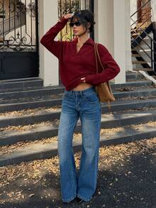 Flirla Women's Solid Color Turndown Collar Drop Shoulder Long Sleeve Casual Sweater, Autumn/Winter