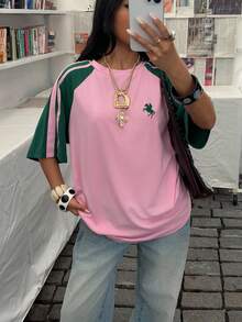 Muchica Damska koszulka z krótkim rękawem w swobodnym stylu z blokami kolorów, streetwear