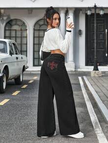 SHEIN Tall 女士时尚交叉装饰直筒宽松百搭牛仔裤 - 黑色 - 查看 2