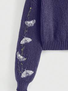 ROMWE Goth Plus Size Moth & Butterfly Vine Embroidered Pullover Sweater, Vintage Purple Embroidered Christmas Sweater, Plus Size Women Pullover Sweater - Purple - View 5