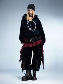 Sugerpunk 2025 朋克风格 PU 皮革圆头中筒靴，厚底，系带，马靴，超高筒靴，秋季/春季 - 黑色 - 查看 2