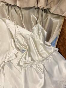 SilkySpell 3件套女士刺绣蕾丝V领吊带背心+短裤+睡袍性感缎面睡衣套装新娘睡袍套装，秋冬服装 - 米色 - 查看 6