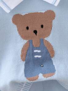 SHEIN Playful Pals Bộ 1 áo len cho bé trai, áo len chui đầu cổ polo dễ thương thời trang, dài tay + quần dài dệt kim, mềm mại và thoải mái, thích hợp cho mùa xuân/thu, thích hợp để mặc hàng ngày, đi chơi, du lịch, nghỉ dưỡng, ở nhà, nhà trẻ và vui chơi cho trẻ em - Màu xanh lam - Xem 5