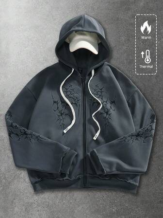 Street Life Herren Kapuzen Gothic Sweatshirt mit amerikanischem Straßendesign, dunkles Muster-Muster, geflocktes Schneeflocken-Grafik, Herbst/Winter