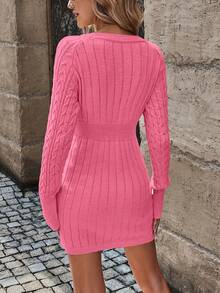 EMERY ROSE Women's Casual Knitted Dress With Cable Pattern, Round Neck, Long Sleeve, Suitable For Autumn/Winter - Pink - View 2