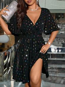 SHEIN PETITE 小码女士彩色金属腰部喇叭优雅轻盈鸡尾酒裙 - 黑色 - 查看 5