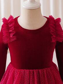 Glamorique Kids Young Girl' Elegant Burgundy Velvet Long Sleeve Waist Snug Fit Luxurious Cute Double-Layer Glitter Mesh Tulle Puff Dress, Formal Gown - Burgundy - View 4