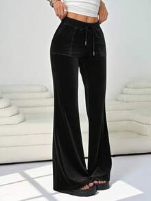 Solflare 大码韩版加绒加厚面料休闲裤，秋冬 - 黑色 - 查看 3