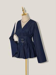 SHEIN MOD 女士V领喇叭袖腰带扣设计休闲牛仔衬衫 - 深色水洗藍 - 查看 3