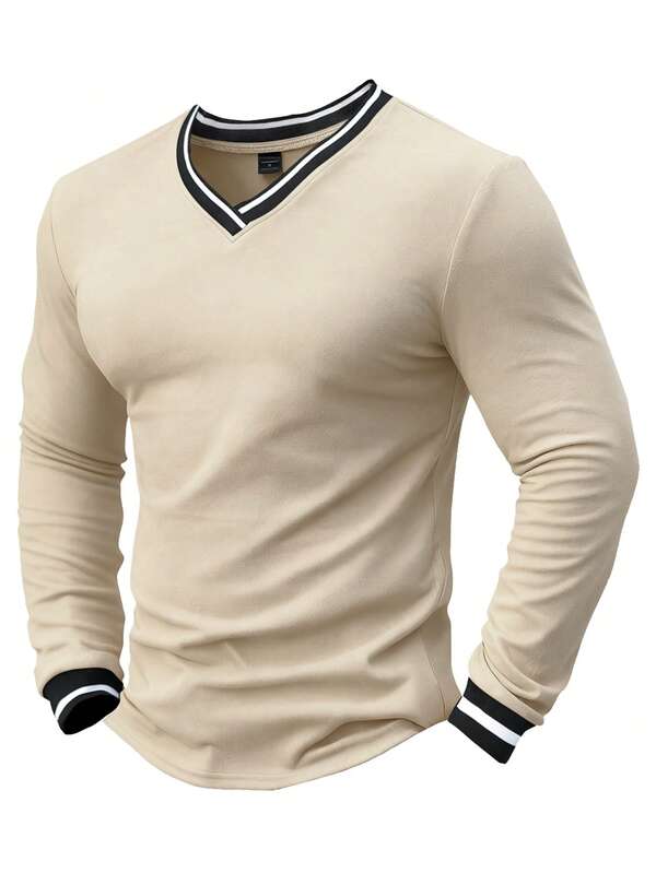 Manfinity Homme Men's Casual Basic Contrast Cuff V-Neck Long Sleeve T-Shirt Men V Neck Ribbed Mens Long Sleeve T-Shirt