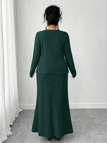 Elenzga 大码女士优雅纯色修身外套和鱼尾裙套装，春秋季 - 墨綠色 - 查看 2