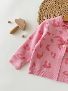 SHEIN Babygirl 休闲豹纹针织开衫，百搭秋冬 - 粉色 - 查看 3