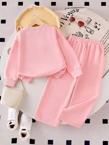 Elladie kids 2 peças/Conjunto Moletom de Gola Redonda de Manga Longa com Laço Colorido de Crochê e Calça para Meninas Jovens, Conjunto de Roupa Infantil Fofa e Estilosa de Desenho Animado para Outono/Inverno - Rosa chiclete - Visão 2
