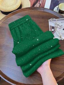 SHEIN PETITE CURVE 加大码纯色星空抽绳腰直筒休闲裤，小码 - 綠色 - 查看 2