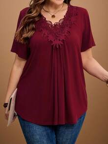Rosumi Plus Size Angora Red Lace Trim Short Sleeve Casual  BohoTop, Everyday Wear  Elegant Summer Outfits Business Casual Woman Spring Outfits For Women