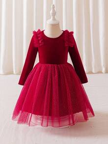 Glamorique Kids Young Girl' Elegant Burgundy Velvet Long Sleeve Waist Snug Fit Luxurious Cute Double-Layer Glitter Mesh Tulle Puff Dress, Formal Gown - Burgundy - View 1