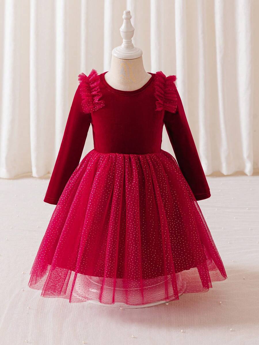 Glamorique Kids Young Girl' Elegant Burgundy Velvet Long Sleeve Waist Snug Fit Luxurious Cute Double-Layer Glitter Mesh Tulle Puff Dress, Formal Gown - Burgundy - View 1