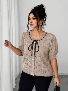 Elenzga Plus Size Contrast Color Round Neck Regular Shoulder Puff Sleeve Casual Front Button Hollow Out Casual Knit Cardigan - Khaki - View 7