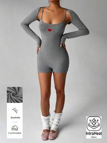 SHEIN Unity 2pcs Women Grey Embroidered Knitted Thermal Jumpsuit, Suitable For Daily, Party, Commute, Casual Wear, Autumn/Winter - Grey - View 3