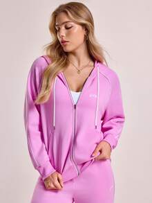 Sovereign Charm Women's Autumn Thermal Lined Gym Jacket,Purple Athleisure Letter Print Contrast Ribbon Pocket Zip Up Hoodie Loose Casual Sports Sweat Suit For Women - Mauve Purple - View 3