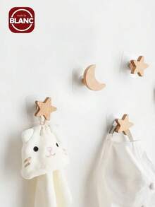 1 móc treo tường bằng gỗ nguyên khối, móc treo quần áo treo tường, móc hoạt hình hình sao trăng mây (Giao hàng hai loại phụ kiện lắp đặt: Đục lỗ và không cần khoan) - Nhiều màu - Xem 2