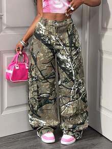 Slaydiva Women's Straight Leg Jeans, Loose Camouflage Straight Leg Trousers, Cargo Bag Trousers, Street Style, Everyday Wear, Y2K Trousers Babyphat Women Overalls Low Rise Jeans - Multicolor - View 5