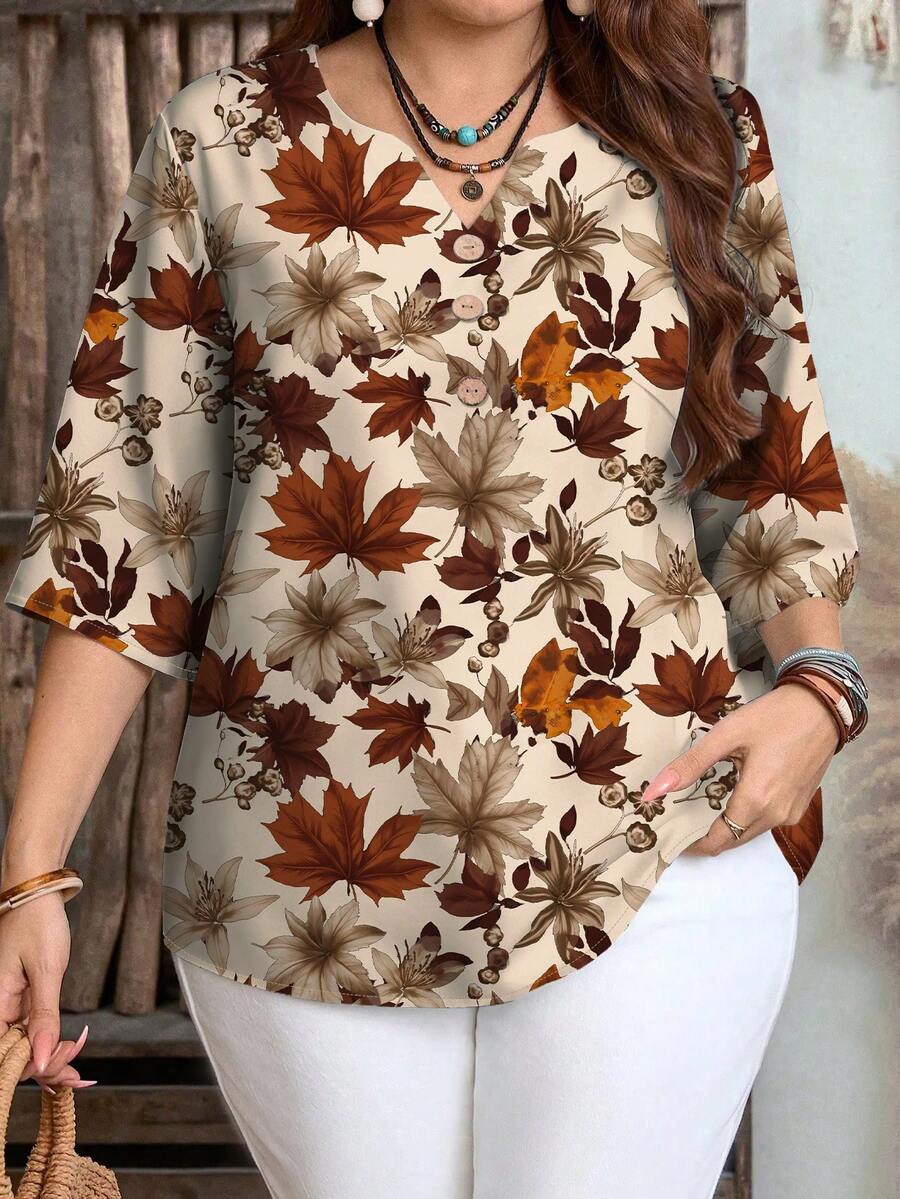 Mellowie Plus Size Casual Floral Print Shirt, Suitable For Autumn And Summer - Multicolor - View 1