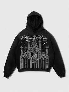 ROMWE MEN Men's Letter Print Long Sleeve Casual Loose Gothic Hoodie Sweatshirt, Autumn/Winter - Black - View 5