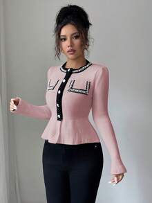 Elenzga Women's Contrast Color Pearl Waist Cardigan, Long Sleeve - Baby Pink - View 3