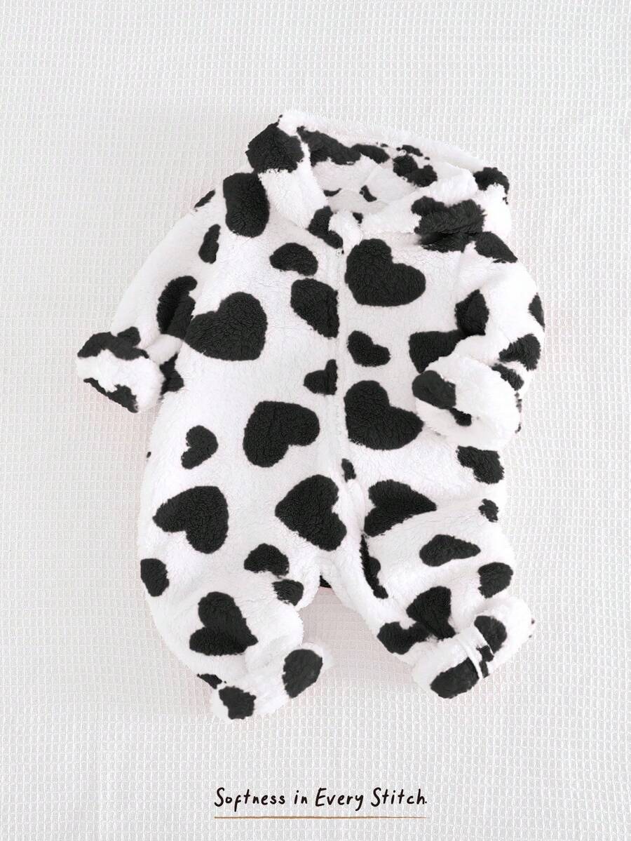 Cozy Pixies 女婴碎花加厚保暖连帽长袖连体衣 黑白奶牛图案婴儿套装 奶牛印花婴儿服 动物印花婴儿服 奶牛印花婴儿连体衣 - 黑色 - 查看 1