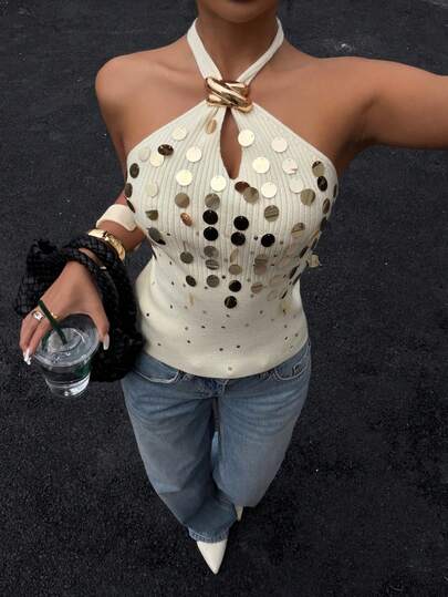 Siren Gaze Metal Decor Halter Knit Top For Women,Party Top, New Year Clothes , Glitter Knit Top, Sparkly Top , Party, Back To School Clothes Hollow Out Top Sexy Tops For Women Summer Gold Top Women Cut Out Top Studded Top