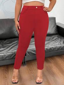 SHEIN PETITE Quần bó cạp chun màu trơn đơn giản ôm vừa vặn - Đỏ - Xem 3