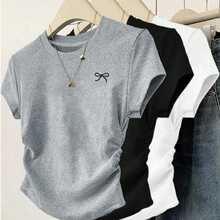 Playeras de mujer estilo casual simple estampado pequeño lazo tela suave color sólido ajustado cuello redondo manga corta primavera/verano set de 3 para oficina y diario - Multicolor - Ver 3