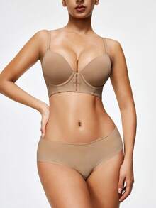 SHAPORA 极简性感前扣式无缝钢圈文胸，提拉侧支撑 - 杏色 - 查看 5