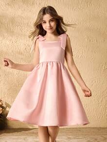 Girls' Bowknot Strap Flare Dress, Pink Satin Prom Gown - Pink - View 1