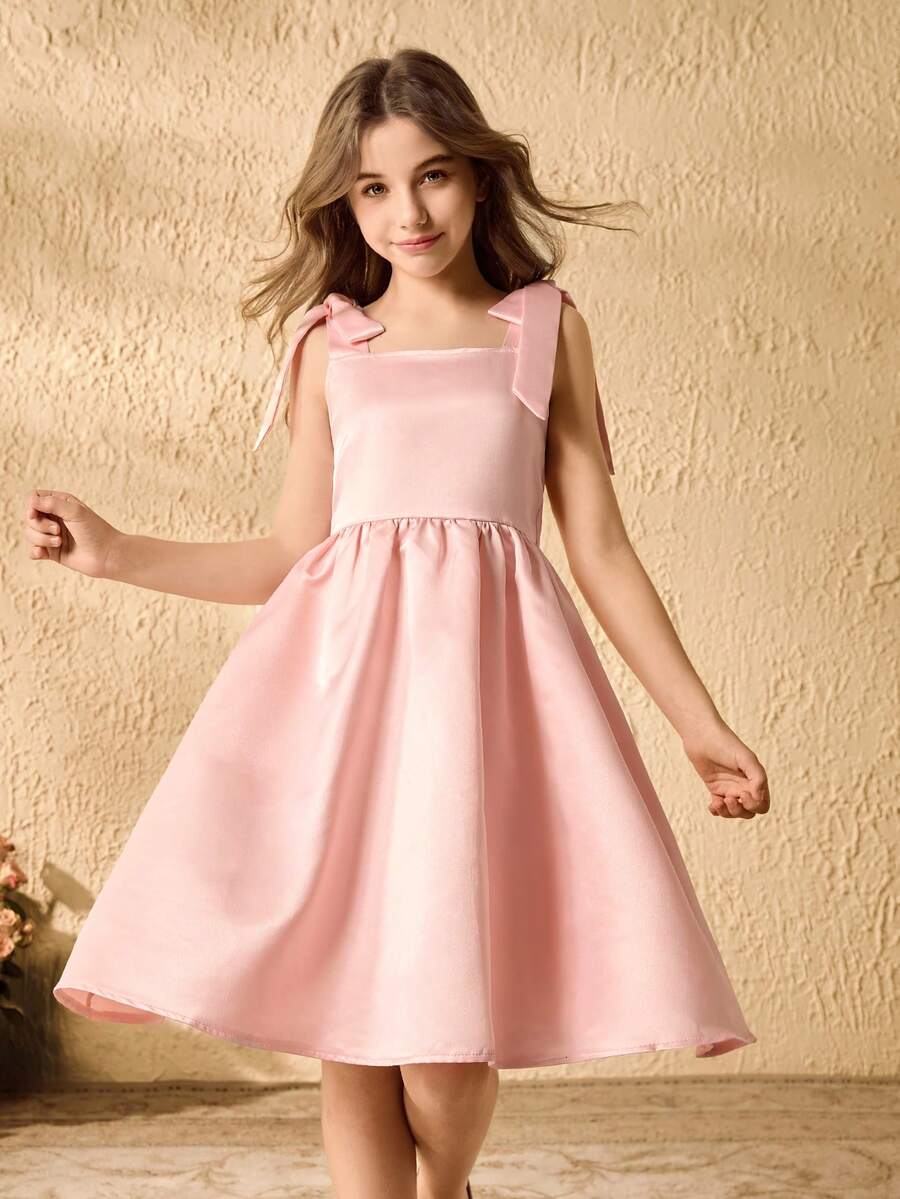 Girls' Bowknot Strap Flare Dress, Pink Satin Prom Gown - Pink - View 1