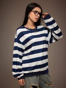 Sparklyn Hanorac retro bleumarin francez pentru fete adolescente, cu dungi late, color block, guler rotund, lejer, cu mânecă lungă, grosime confortabilă, nu pufoasă - Stil casual lejer, potrivit pentru naveta zilnică/întâlniri la cafea/ținute de stradă pentru facultate - Ideal pentru purtare zilnică de primăvară/toamnă - Multicolor - Vizualizare 3