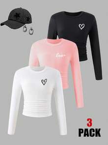 三件套时尚休闲简约少女束腰长袖圆领上衣，适合秋冬季节，黑色、白色、粉色长袖上衣 - 彩色 - 查看 3