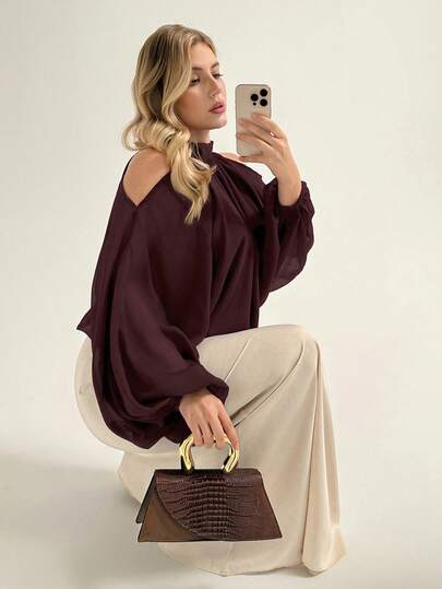 Auralis New Spring/Autumn Purple Red Long Sleeve Puff Sleeve Halter Tie Loose Elegant Women Blouse/Y2K Streetwear Birthday Party Outfit Plus Size Sheer Shirt/Plus-Size Purple-Red Off-Shoulder Sexy Valentine's Day Party See-Through Elegant Blouse/Romantic Puff Sleeve Lantern Sleeve Women's Top