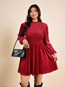 Elaquor Plus Size Women's Elegant Christmas Solid Velvet Ruffle Collar Lantern Sleeve Shirred Bodice Red Dress, Autumn Party Red, New Year Dress For Women - Red - View 3