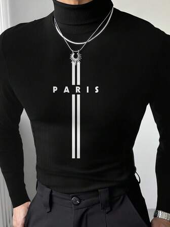 Manfinity Men's Letter Print Turtleneck Long Sleeve Ribbed Slim Fit Casual T-Shirt