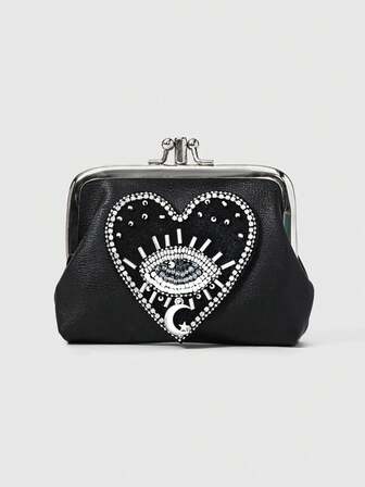 1pc Gothic Style Blue Eye & Red Heart Beaded Pu Leather Short Wallet For Women