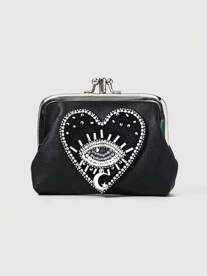 Goth 1pc Gothic Style Blue Eye & Red Heart Beaded Pu Leather Short Wallet For Women