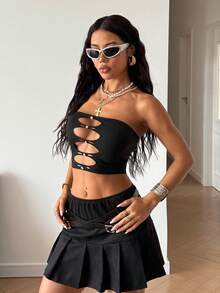 StreetHx Áo crop top thiết kế khoét lỗ phong cách đường phố thường ngày dành cho nữ những năm 2000, áo bandeau màu trơn gợi cảm, thu/đông - màu đen - Xem 4