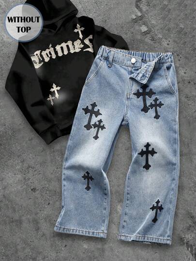 SHEIN Young Boy Fashion Cool Black Cross Pattern Loose Fit Blue Denim Baggy Jeans Fall Winter,Casual And Versatile For Boys Fall/Winter Dailywear And Streetwear Outfits,For Boys Halloween And Christmas Outfits,Boys New Year Clothes,Thanksgiving Outfit For Boys,Boys  Winter Jeans,Tween Denim Clothes,Winter Clothes, Tween Street Jeans,Tween Jean Pants Embroidery